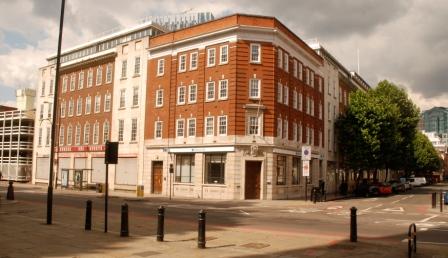 View of the Barclays Bank as seen from Christchurch Spitalfields.